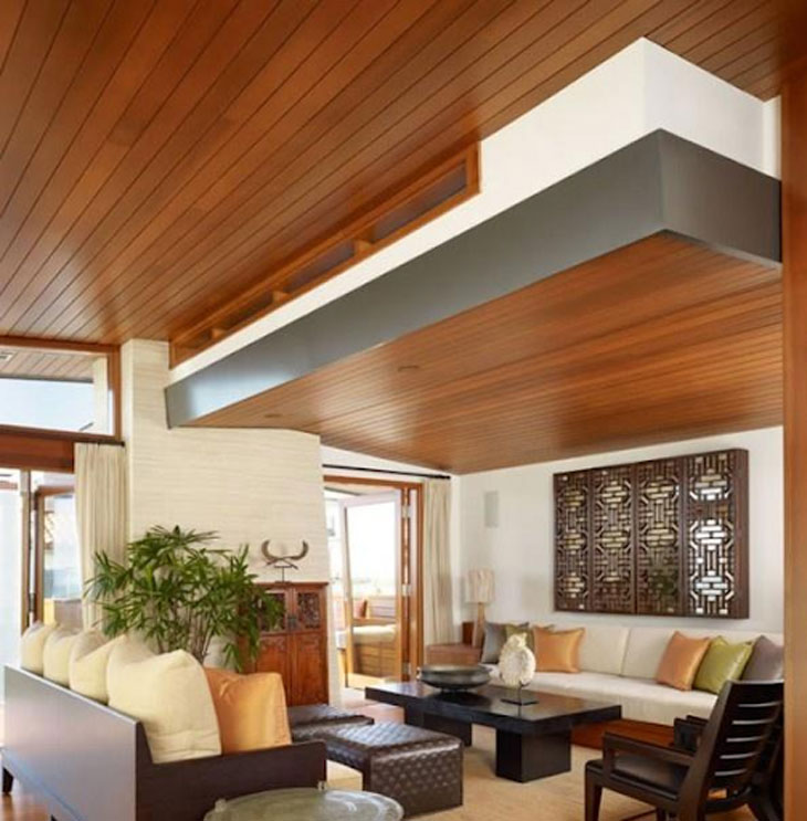 Sử dụng trần nhôm giả gỗ đem lại không gian sang trọng, lịch sự cho phòng khách