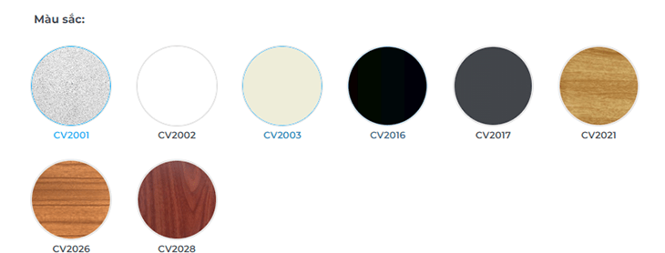 Bảng màu sắc của lam nhôm chắn nắng 85R đa dạng các mã màu từ CV 2001 tới CV 2026