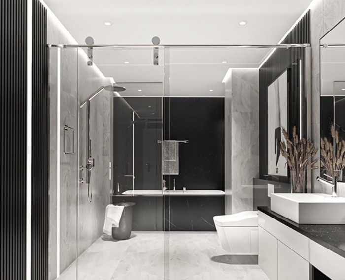 Trần thạch cao cho nhà tắm hiện đại, với tông màu chủ đạo là xám và đen