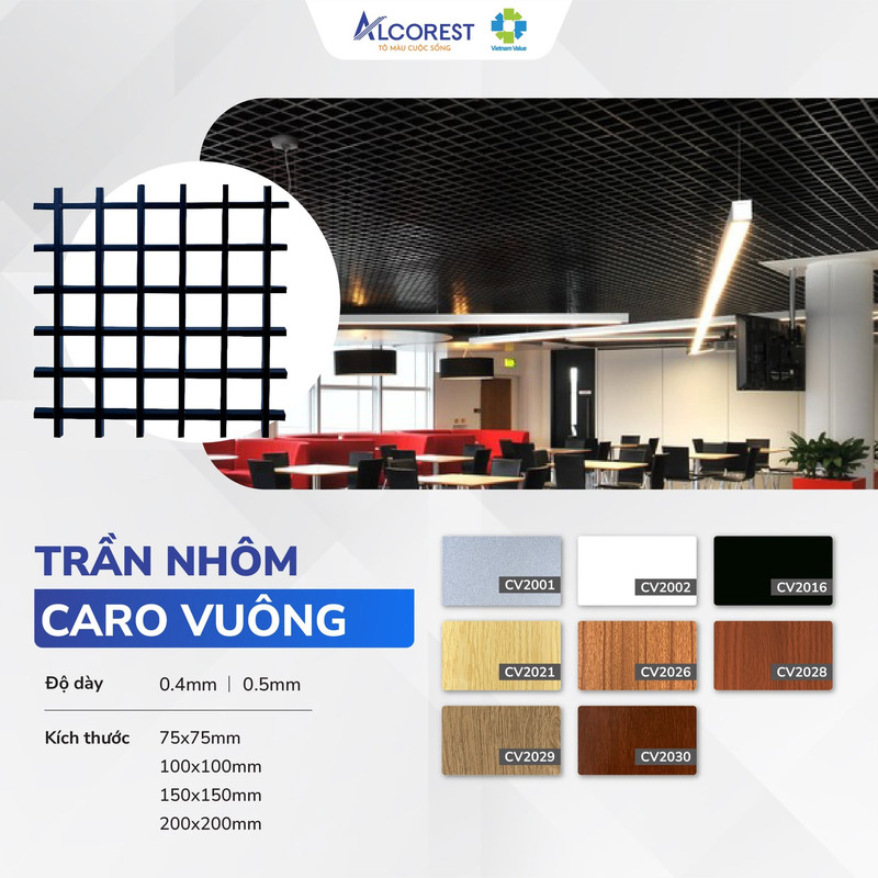 Trần nhôm caro vuông là sự lựa chọn cho những không gian có thiết kế phá cách