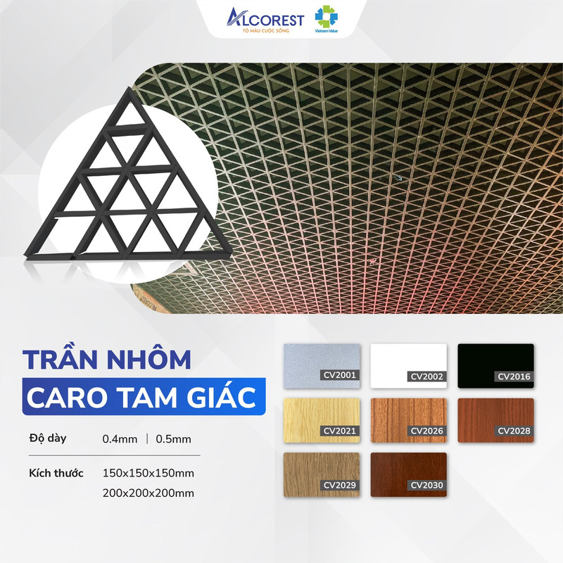 Trần nhôm caro tam giác mang đến một không gian có vẻ đẹp đặc biệt cùng độ ổn định cao