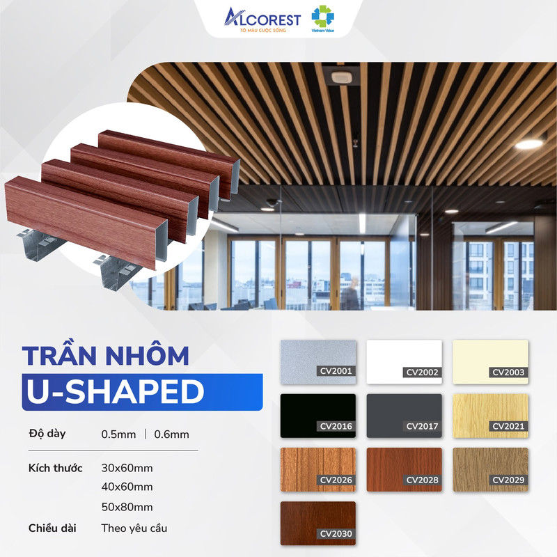 Hệ trần nhôm U được gắn với hệ khung xương thép và thanh Tyren vô cùng chắc chắn