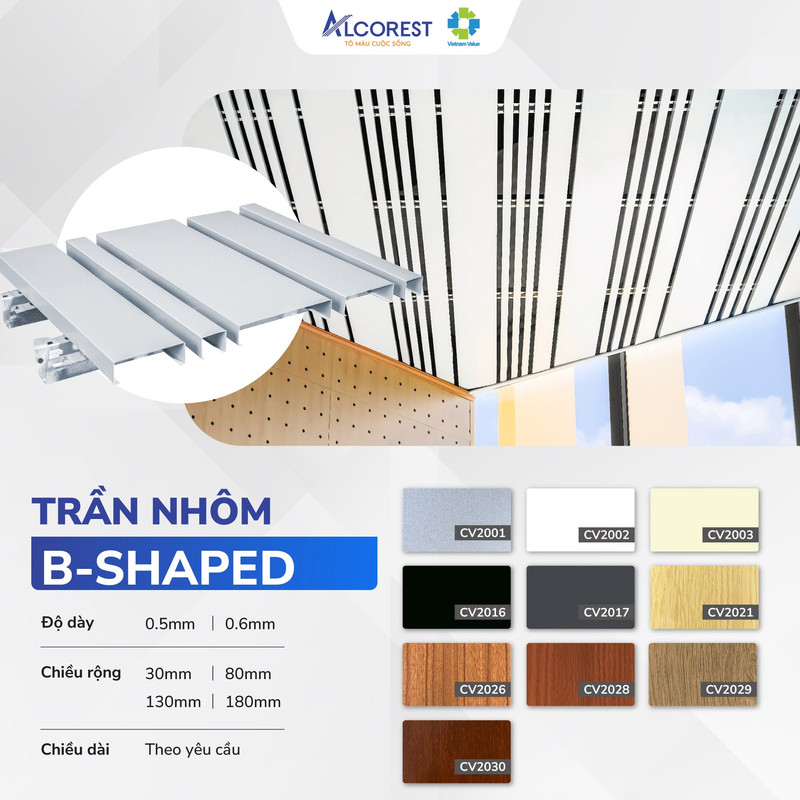 Thiết kế trần nhôm B-Shaped dạng thanh dài giúp tăng chiều sâu cho không gian