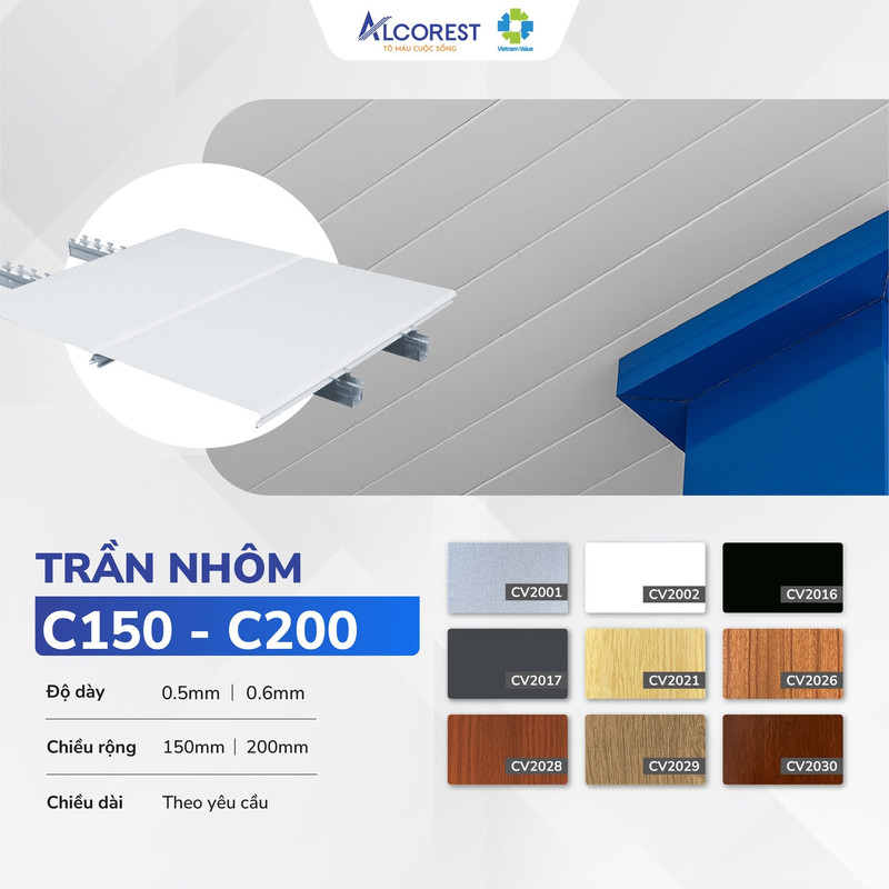 Cấu trúc khít kín và không lộ khung xương của trần nhôm C150 - C200 mang đến bề mặt đồng nhất và gọn gàng