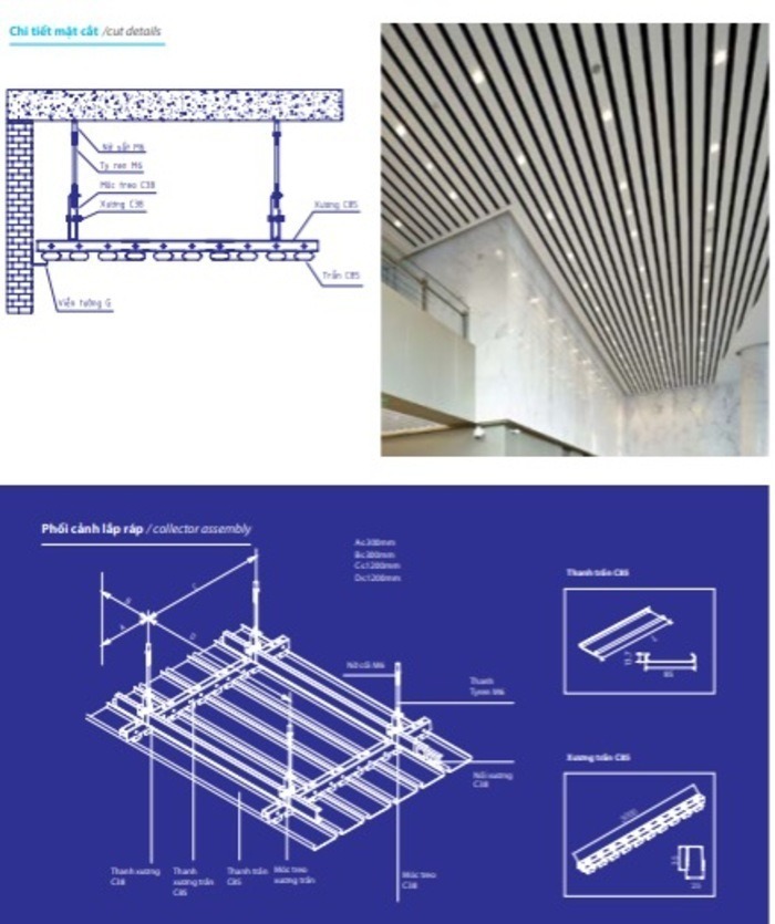Cấu tạo chi tiết thông qua bản vẽ kỹ thuật và mặt cắt của trần nhôm C-Shaped
