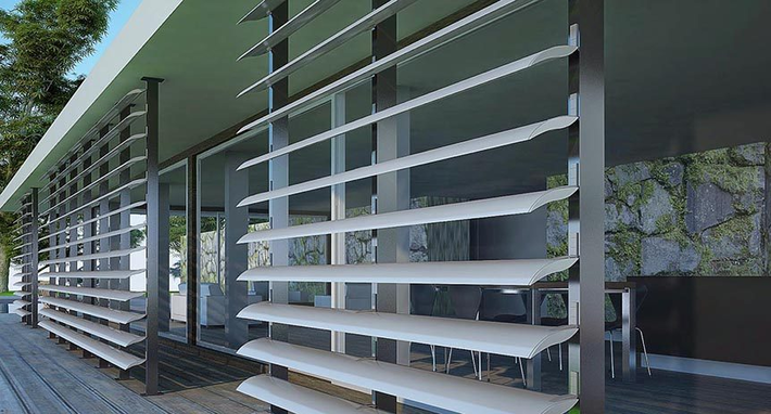 Lam chắn nắng hình lá liễu sử dụng chắn nắng, cản mưa cho mái hiên