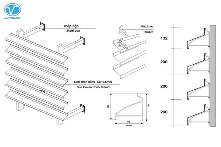 Quy cách phổ biến của lam chắn nắng hình chữ Z (lam nhôm chắn nắng 132S)