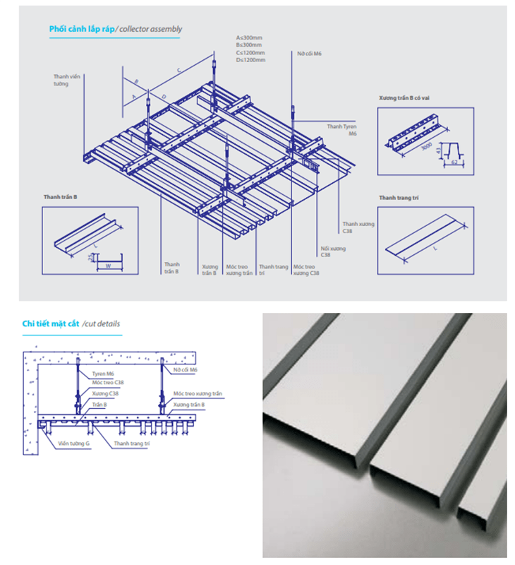 Bản vẽ kỹ thuật của trần nhôm sọc B Multi-Shaped