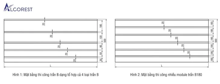 Khi lắp tổ hợp 4 loại trần B có kích thước khác nhau có thể tạo thành 1 module trần như hình 1