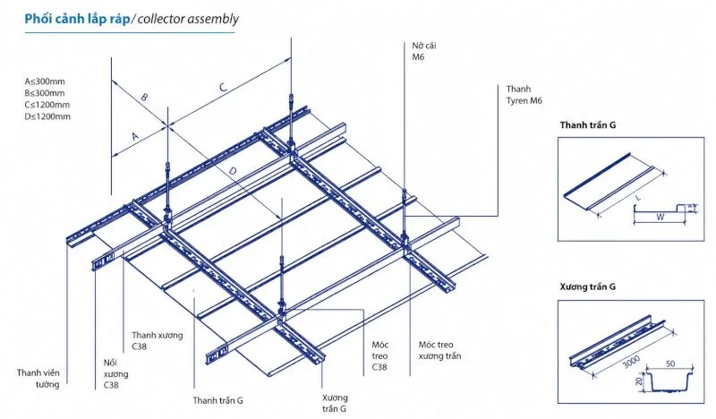 Phối cảnh lắp ráp tấm trần nhôm G200
