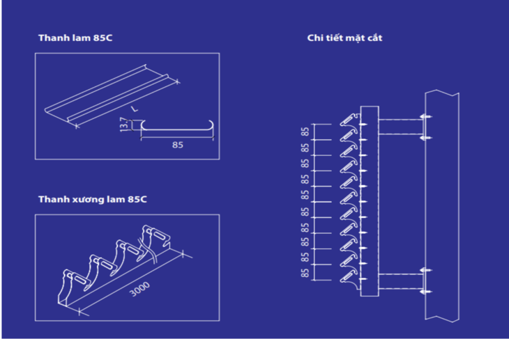 Chi tiết mặt cắt lam chắn nắng chữ C được ghép nối với nhau theo góc nghiêng 45 độ