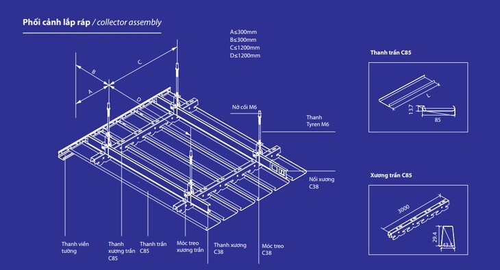 Bản vẽ mô phỏng cấu tạo của lam nhôm loại 85C - một trong các loại lam nhôm chắn nắng thường được ứng dụng tại các toà nhà