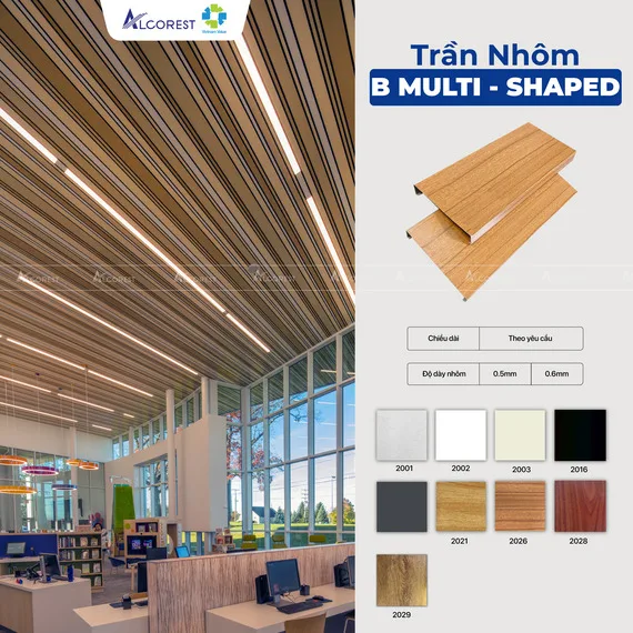 Thiết kế trần nhôm B-Shaped dạng thanh dài giúp tăng chiều sâu cho không gian
