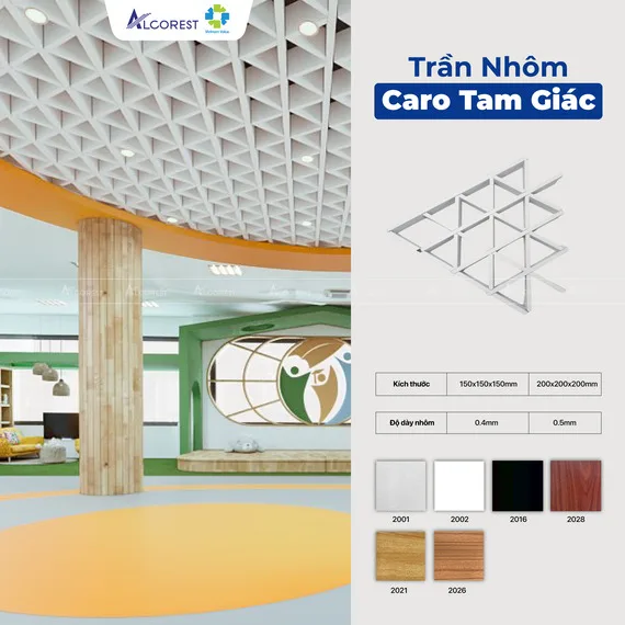 Trần nhôm caro tam giác mang đến một không gian có vẻ đẹp đặc biệt cùng độ ổn định cao