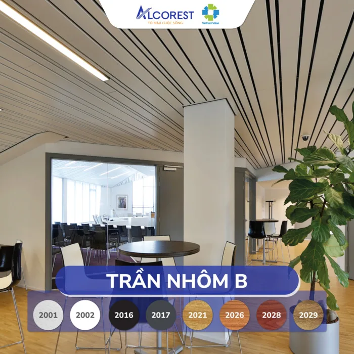 Hệ trần nhôm B Multi-shaped đa kích thước tạo hiệu ứng kiến trúc sáng tạo, phù hợp showroom, quán cà phê và không gian nội thất cao cấp