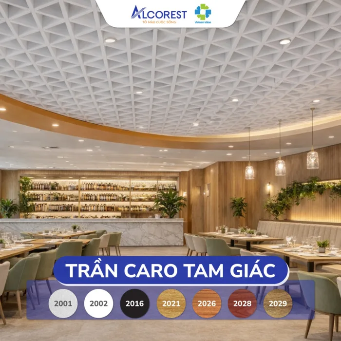 Trần nhôm caro tam giác thiết kế hình học độc đáo giúp tạo điểm nhấn thị giác mạnh