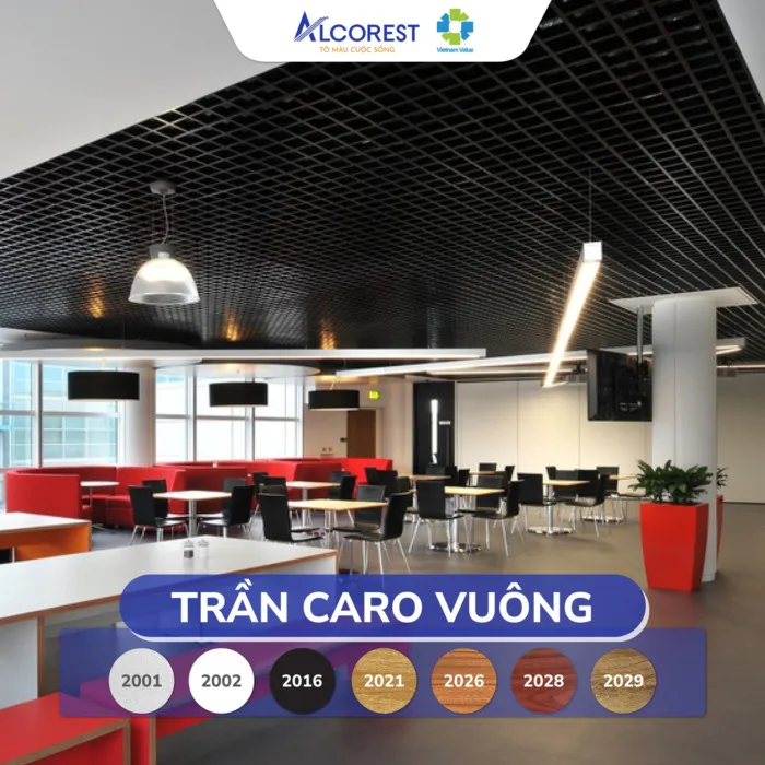 Hệ trần nhôm caro vuông dạng hở tạo không gian thông thoáng