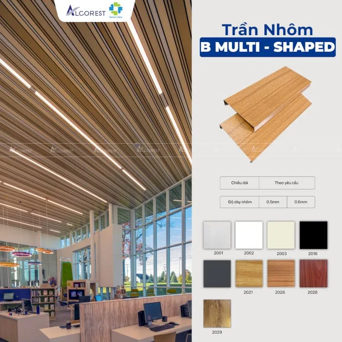 Trần nhôm phòng khách độc đáo với trần nhôm B Multi-Shaped vân gỗ kết hợp đèn led