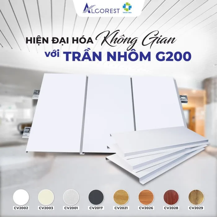 Trần nhôm phòng khách với tấm trần nhôm G200 màu trắng và các loại màu khác minh họa, kết hợp logo Alcorest,
