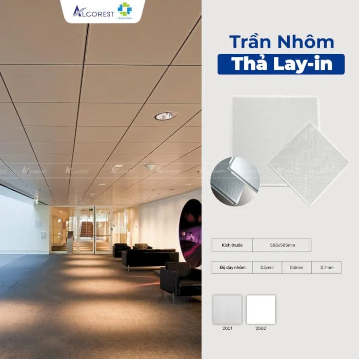 Chọn thiết kế trần nhôm phòng khách với trần nhôm thả Lay-in màu trắng hoặc màu be và thông số kĩ thuật.