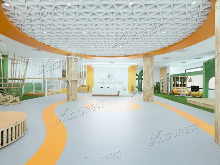 Trần nhôm phòng khách độc đáo, họa tiết lưới tam giác trắng và viền vàng không gian rộng rãi