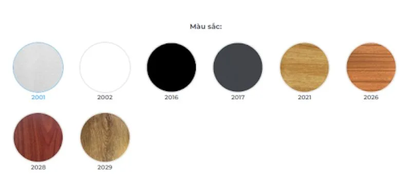 Bảng màu của lam chắn nắng C85 từ màu 2001 đến màu 2029