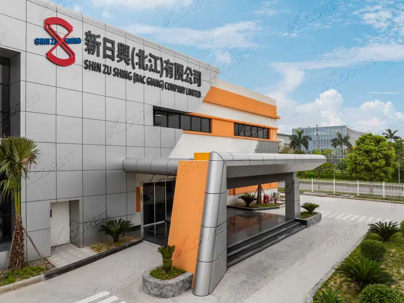 Nhà máy Shin Zu Shing Bắc Giang ứng dụng gần 2,000m² tấm ốp alu Alcorest để tạo nên một thiết kế mặt tiền độc đáo