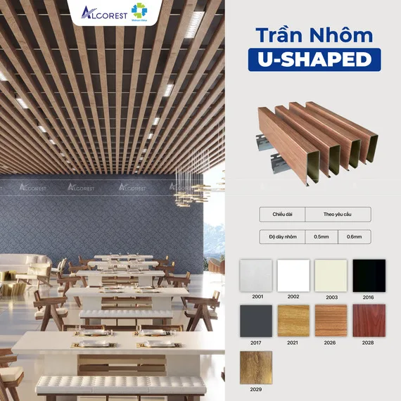 Hệ trần nhôm U được gắn với hệ khung xương thép và thanh Tyren vô cùng chắc chắn