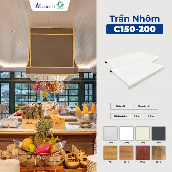 Cấu trúc khít kín và không lộ khung xương của trần nhôm C150 - C200 mang đến bề mặt đồng nhất và gọn gàng
